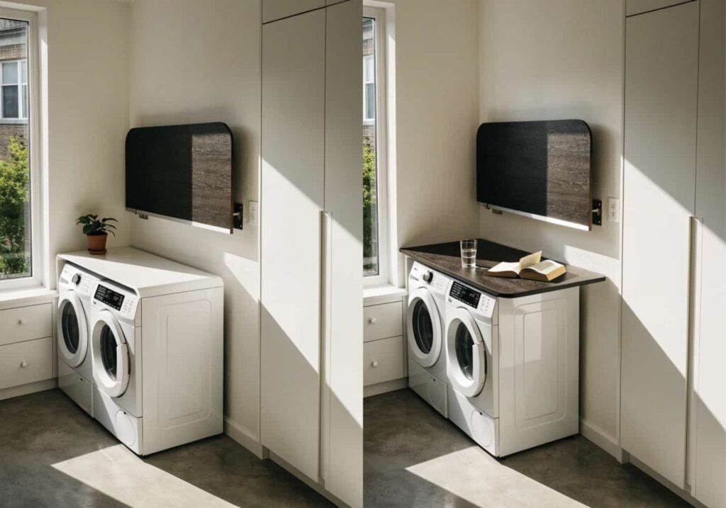 Wall-mounted drop-leaf folding table in laundry room