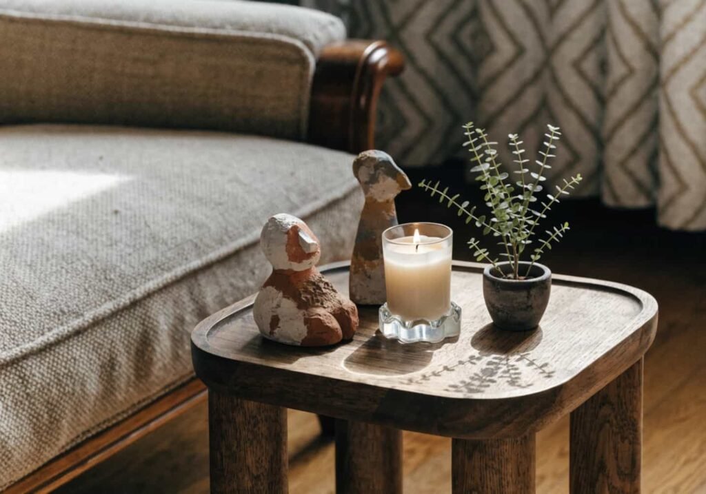 Cozy corner table styled with small handmade clay decor figurines