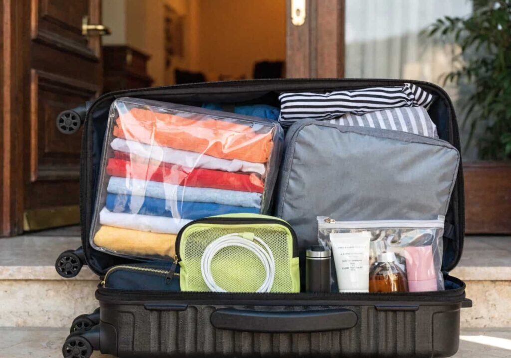 Organized suitcase using packing cubes and pouches to separate travel items.