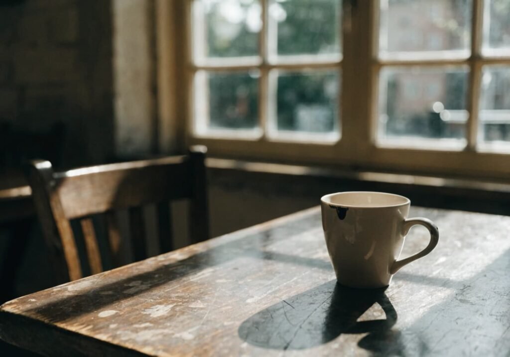 Aesthetic cafe table with chipped mug and natural window light showing the 2026 cafe photo trend
