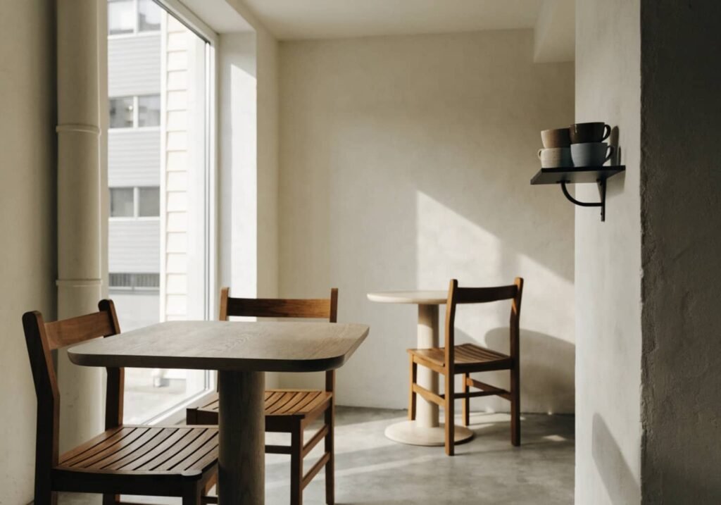 minimal and cute cafe interior with wooden chairs and neutral walls