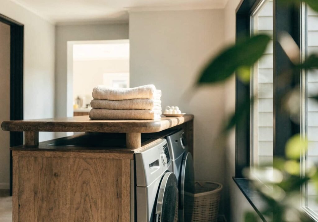 Custom cabinetry folding counter in a laundry room with wood countertop