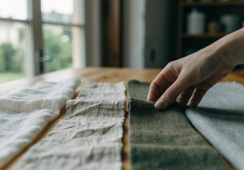 Comparing cotton, linen, and canvas fabric swatches for machine embroidery home decor projects