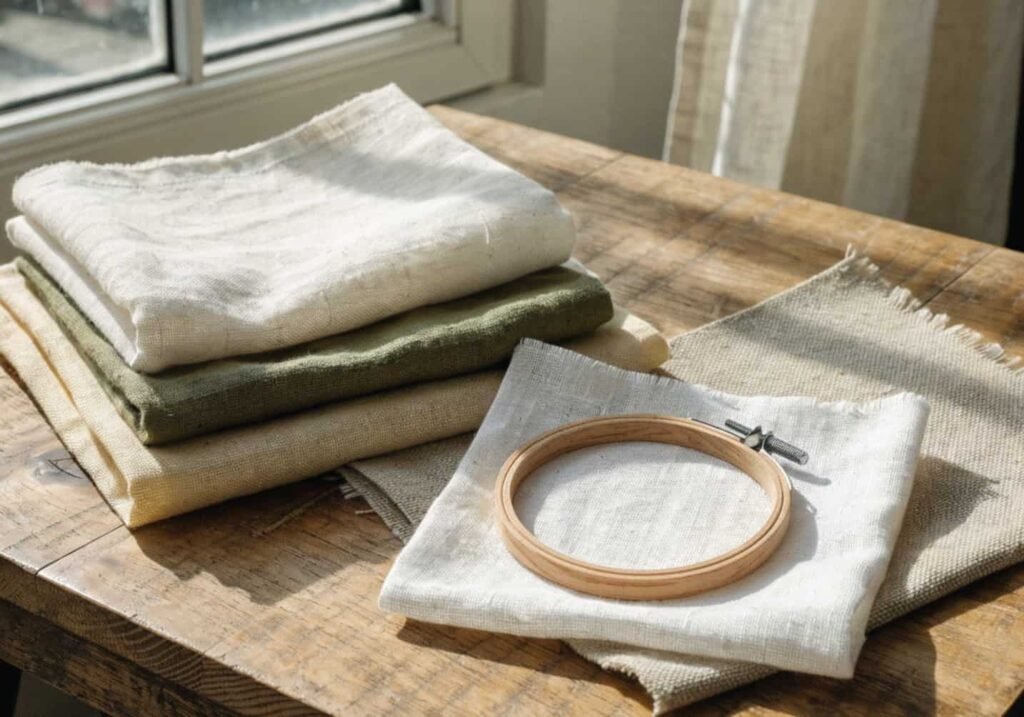 Cotton and linen fabric swatches compared for choosing the right embroidery gift fabric