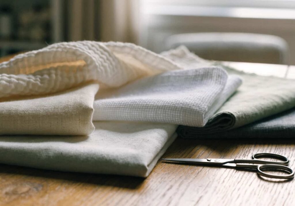 Different fabric swatches suitable for beginner embroidery laid on a table