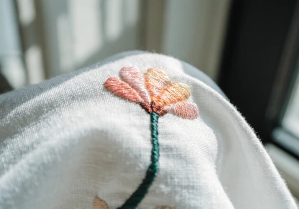 Close-up of a single delicate hand-embroidered flower on white cotton fabric