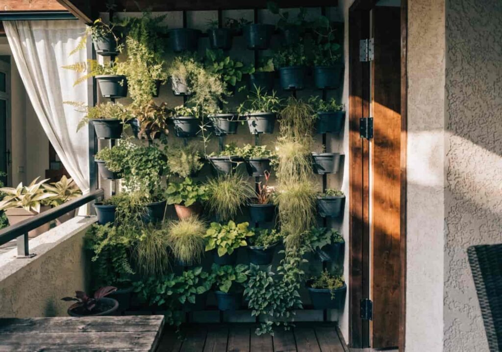 Container gardening setup with pots and herbs for small space solutions