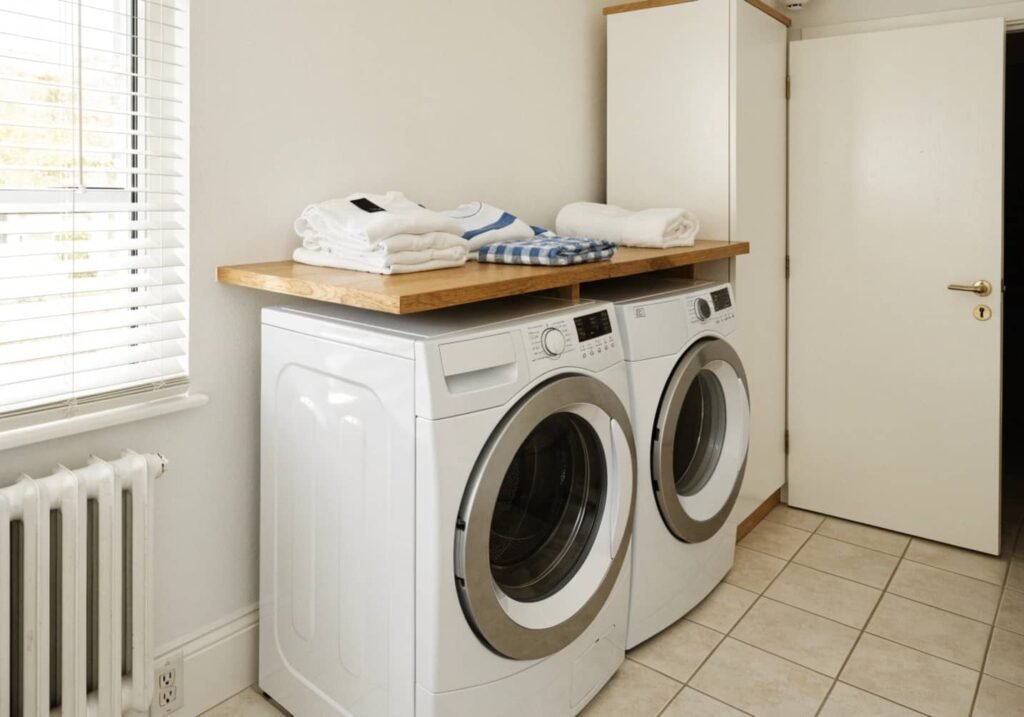 Wooden countertop over front-loading washer and dryer used as a folding surface