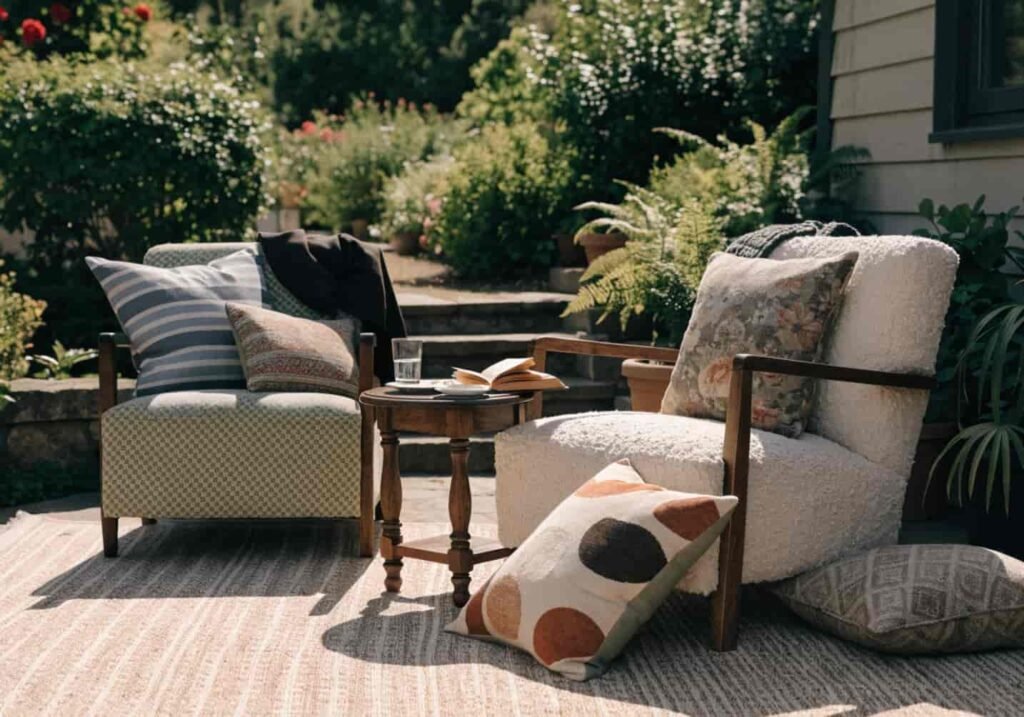 Garden styled as an outdoor living room with rug, armchairs, and side table