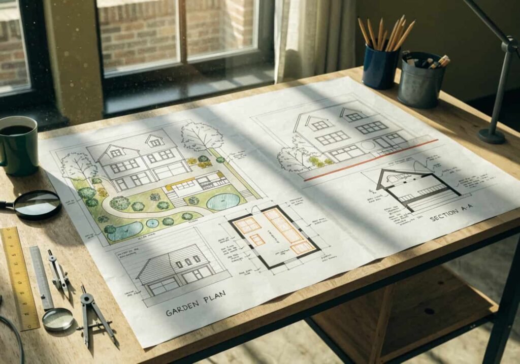 House and garden design plan shown on a blueprint sheet