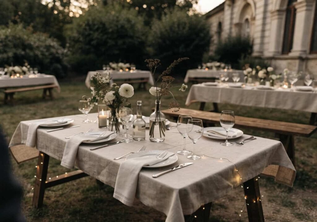 Rustic elegant wedding reception table setup showing theme and décor style together