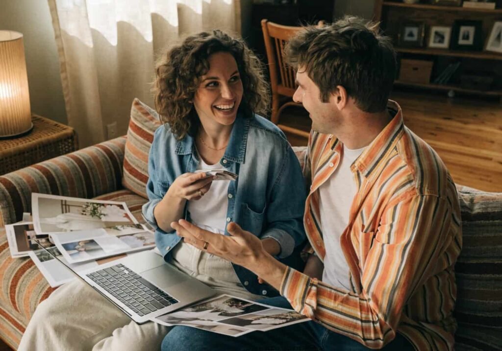 Couple discussing wedding reception theme ideas together at home