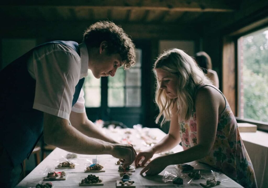 Couple personalizing their 2026 wedding reception table decor