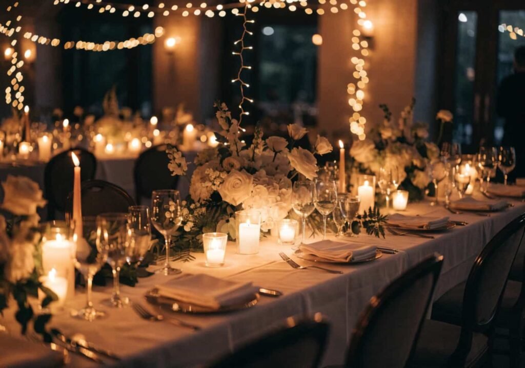 Wedding reception table lit with warm string lights and candles