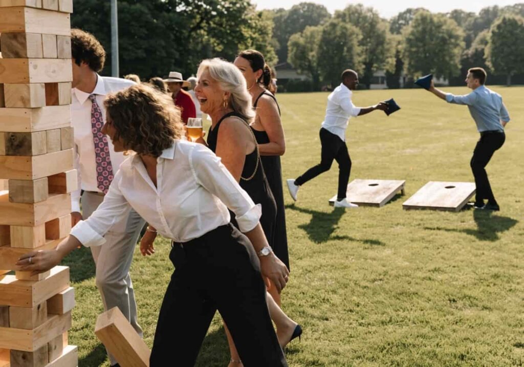 Wedding guests laughing while playing giant Jenga on the lawn during cocktail hour