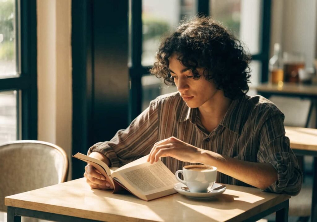 Person flipping through a book at a cafe table.