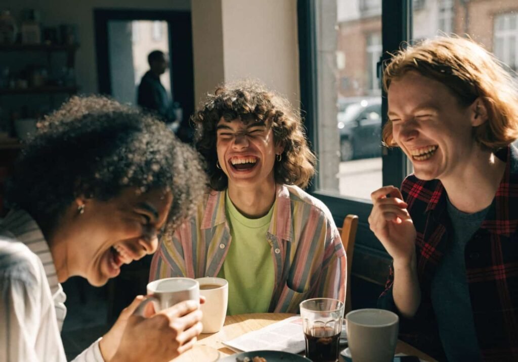 Candid friends laughing over coffee aesthetic cafe lifestyle photo