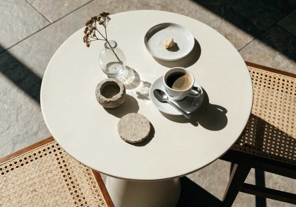 Top-down view of a cafe table with coffee and simple decor
