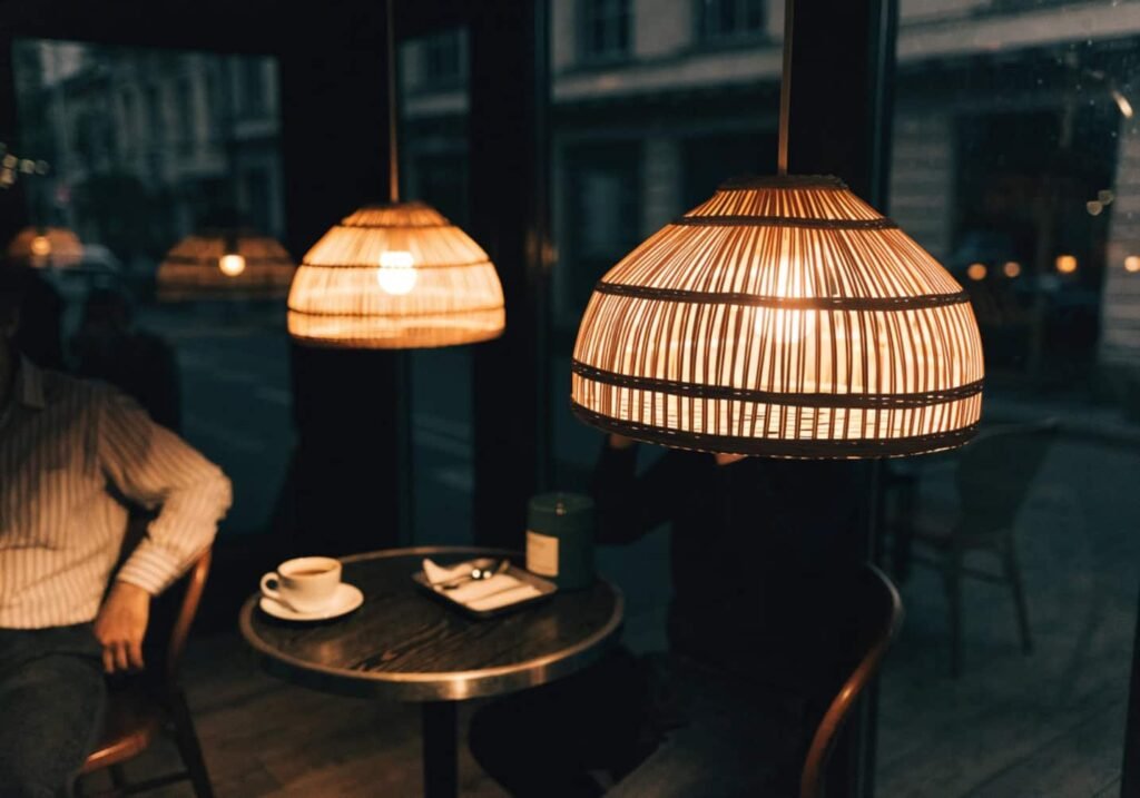 rattan pendant lamps glowing above a cozy cafe table