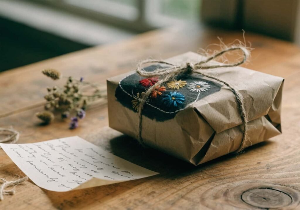 Handmade embroidered gift wrapped in kraft paper with twine and a handwritten note