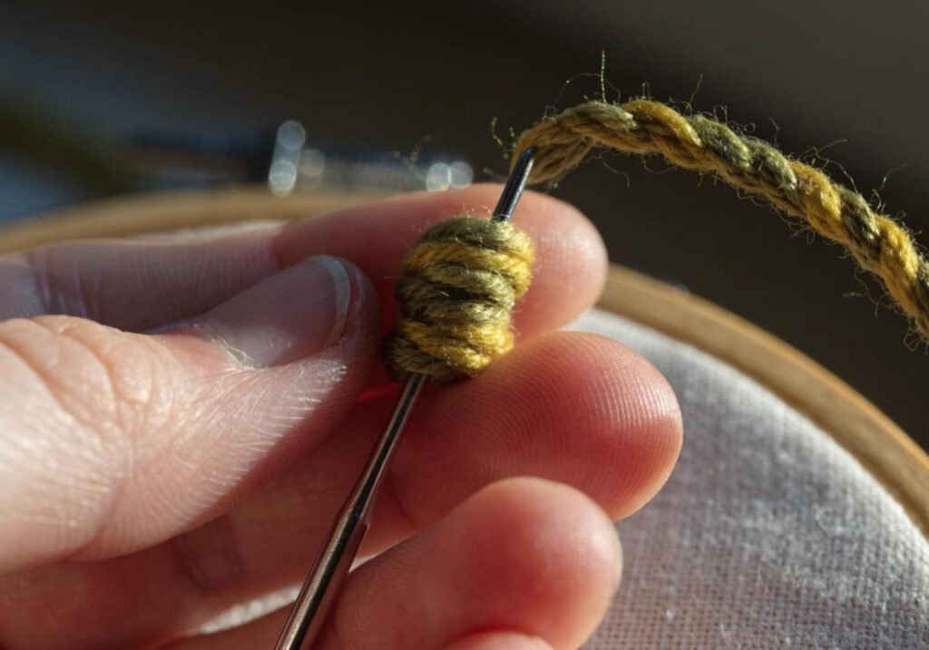 Hand forming a French knot for a flower center using embroidery thread