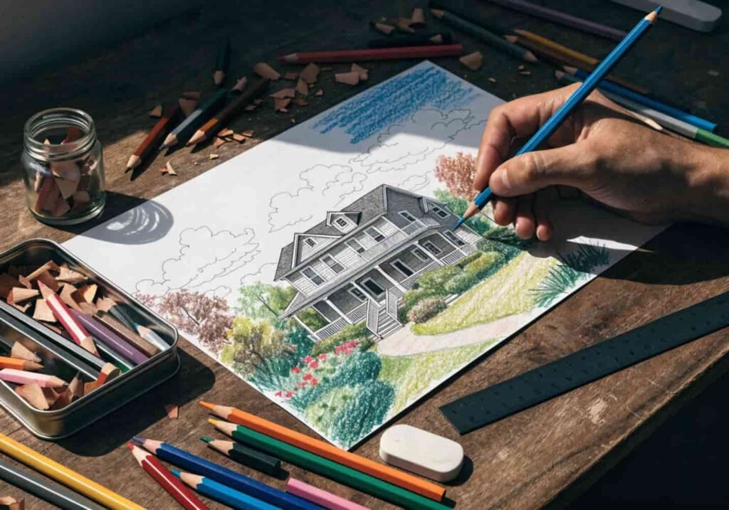 Coloring a house and garden drawing using colored pencils on paper