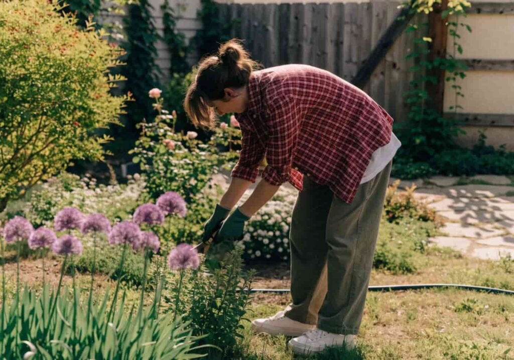A person watering plants while doing garden maintenance