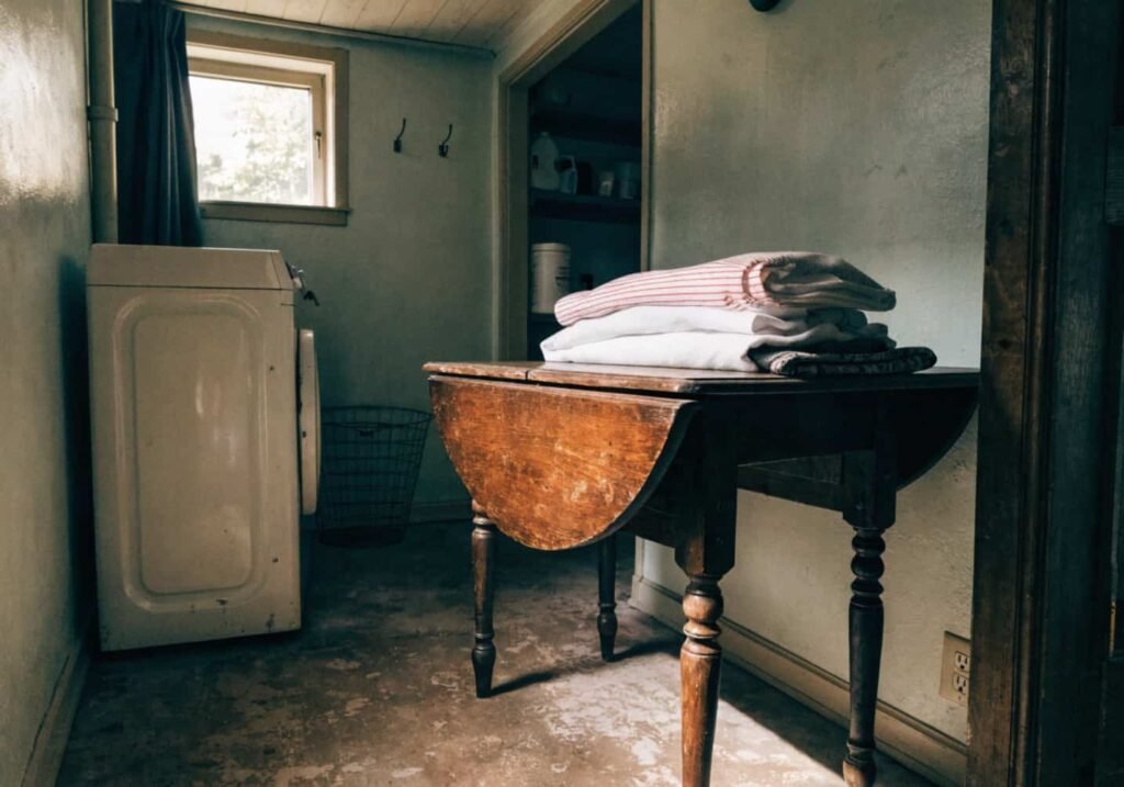 Drop-leaf table used as a folding surface in a narrow laundry room