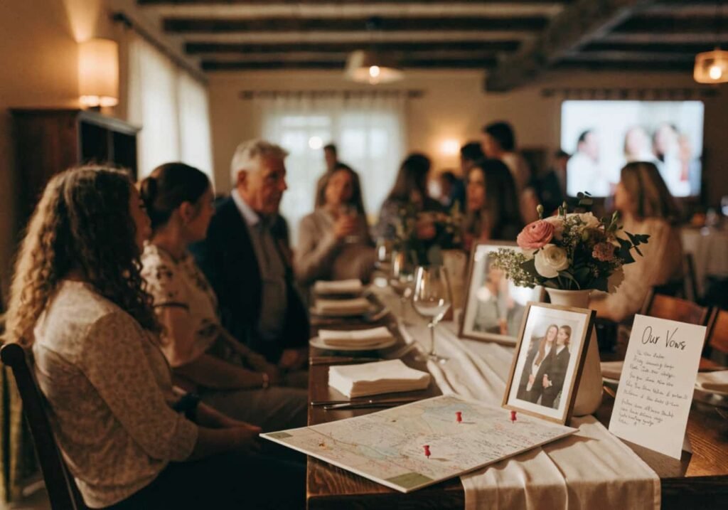 Personalized wedding reception decor reflecting the couple's story