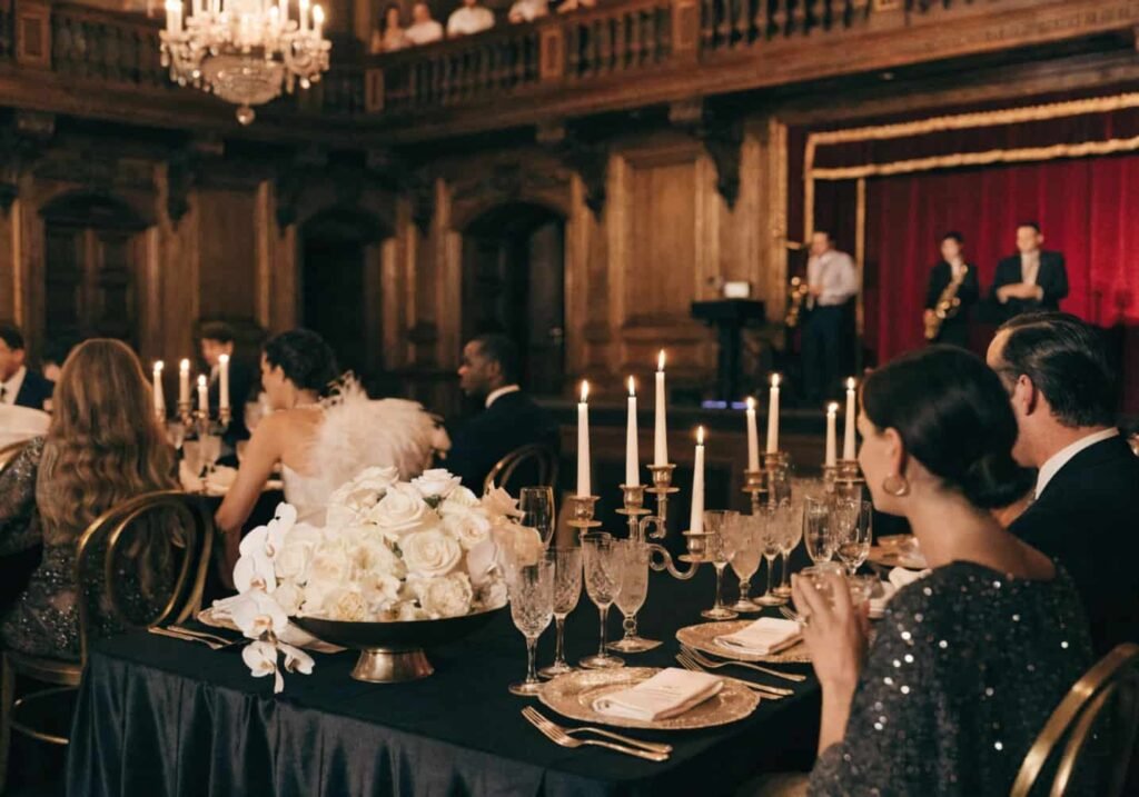 Old Hollywood elegance wedding reception with candlelight and gold accents