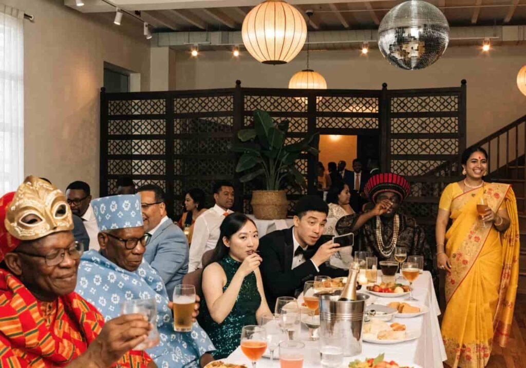 Cultural fusion wedding reception blending traditional and modern elements