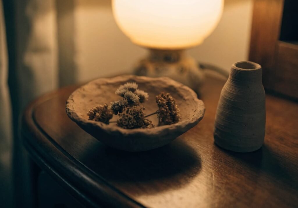 Small handmade clay bowl and vase styled on a nightstand
