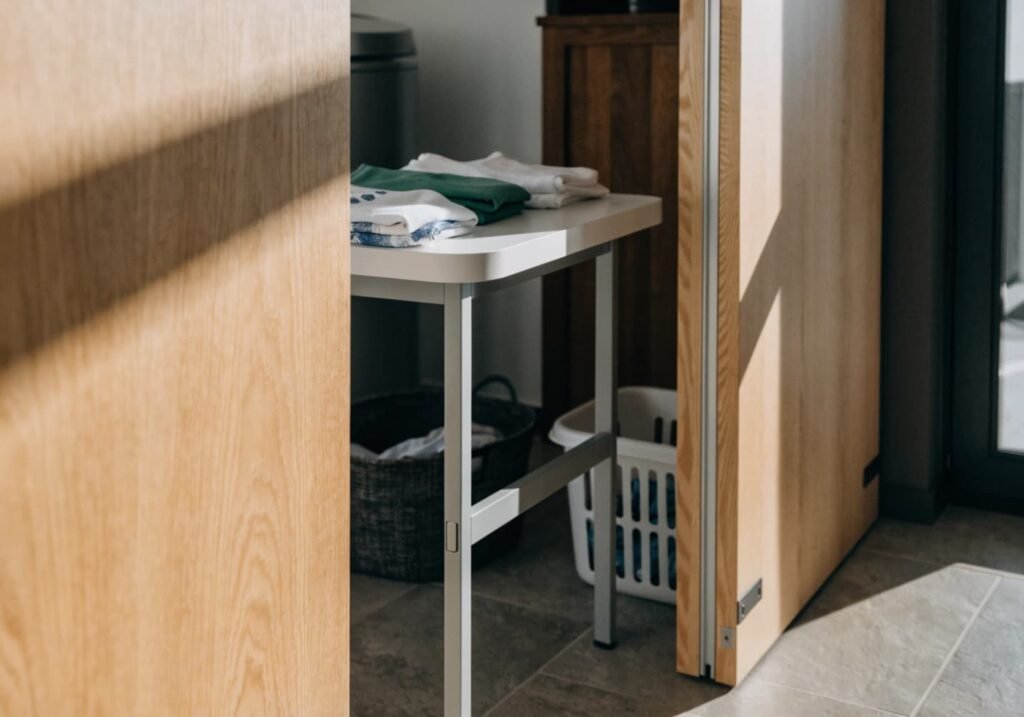 Concealed folding table behind sliding panels in laundry room