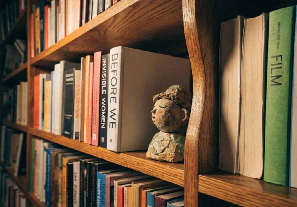 Small clay figurine tucked between books on a cozy bookshelf