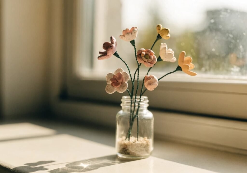 Small handmade clay flowers arranged in a tiny vase near sunlight