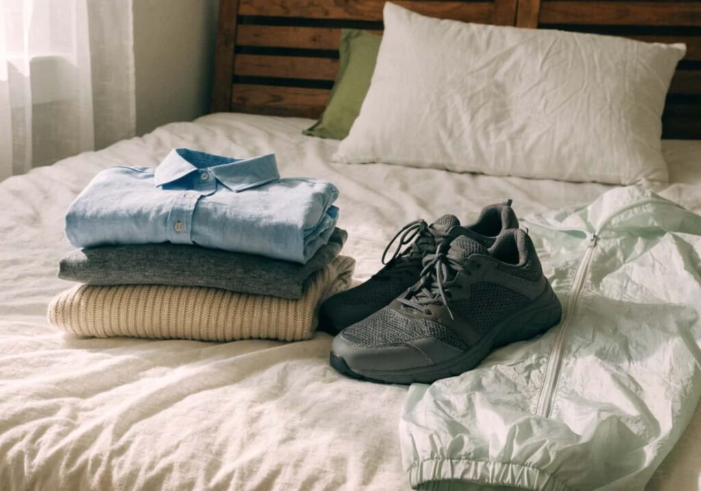 Folded travel clothes, walking shoes, and a light jacket ready to pack for a trip.