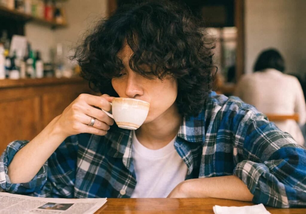 Eye-level candid photo of a person sipping coffee at a cafe