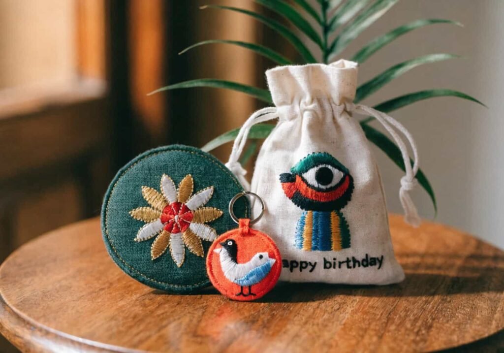Collection of embroidered gifts for different occasions like birthdays and farewells