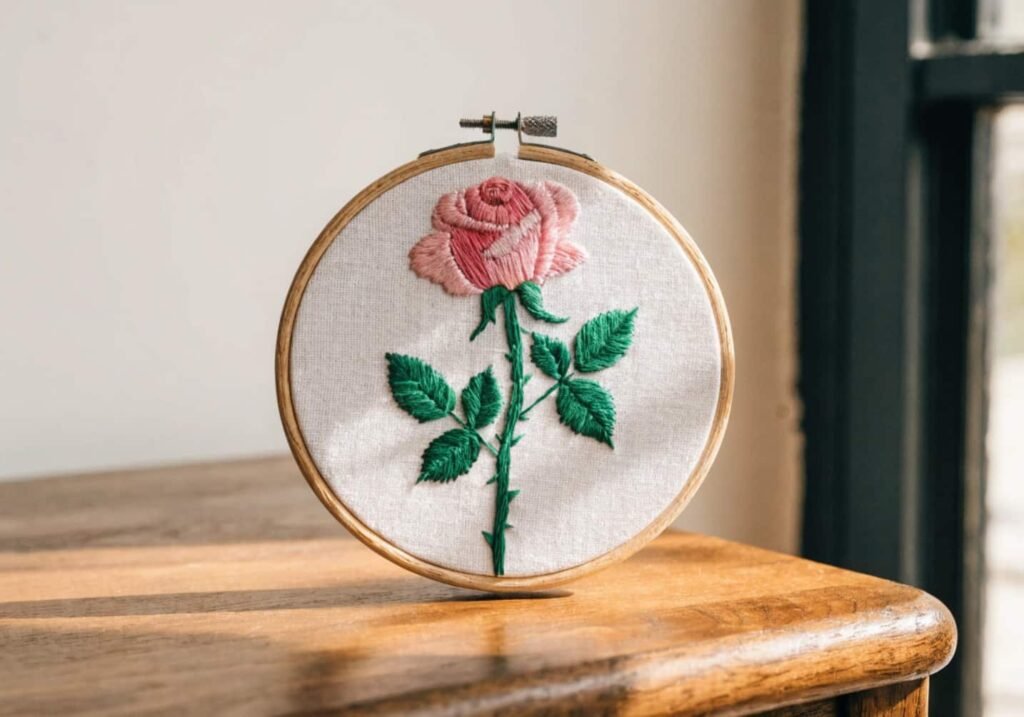 Finished single stem rose embroidery in a wooden hoop on white fabric