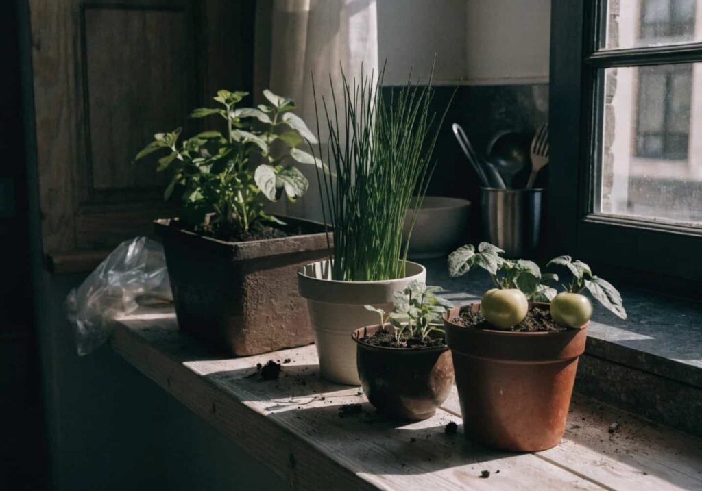 Herb and vegetable garden growing in small home space
