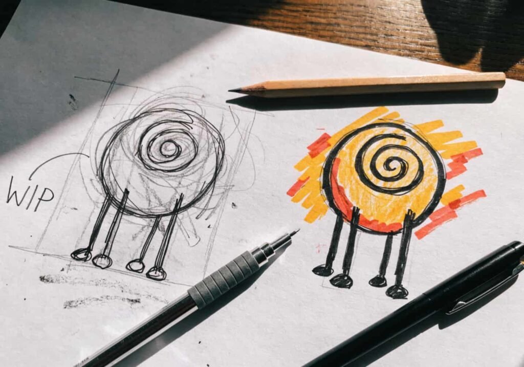 Beginner drawing showing eraser corrections next to a cleaner redrawn sketch