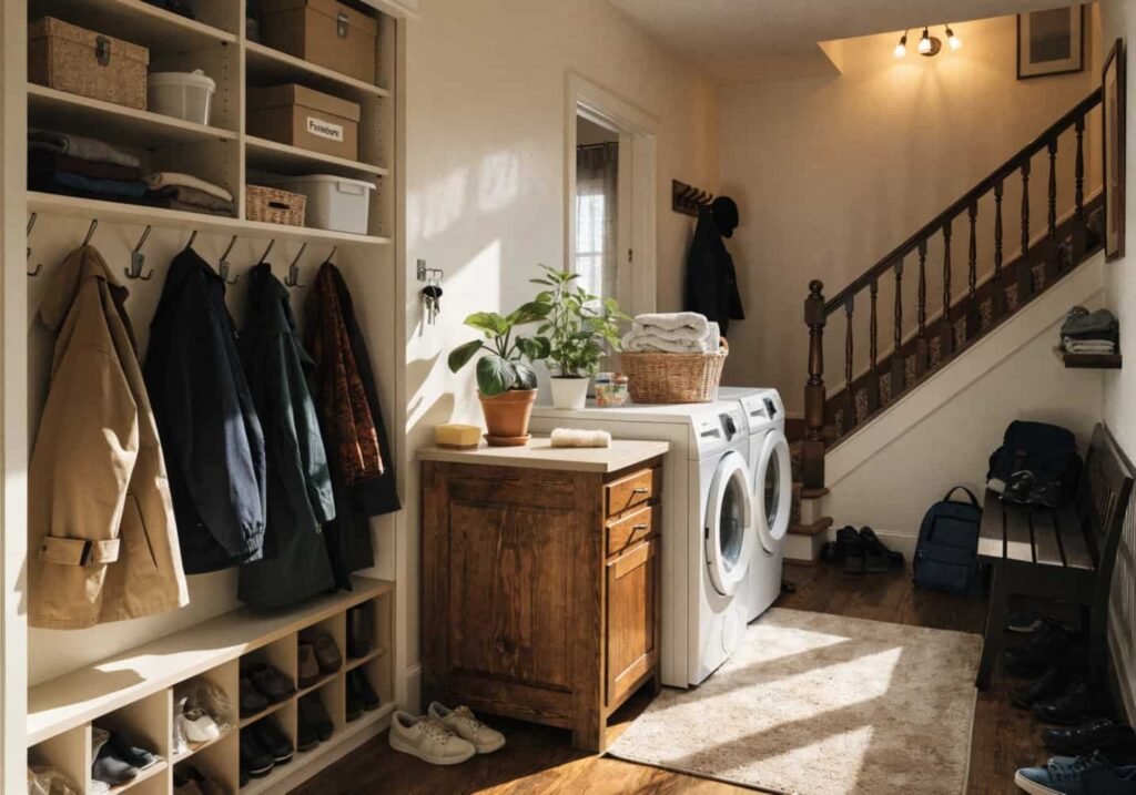 Mudroom-laundry combo space with folding station and coat hooks