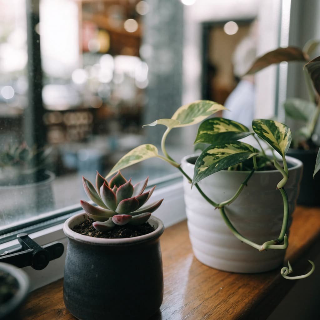 mini potted plants on a wooden cafe windowsill
