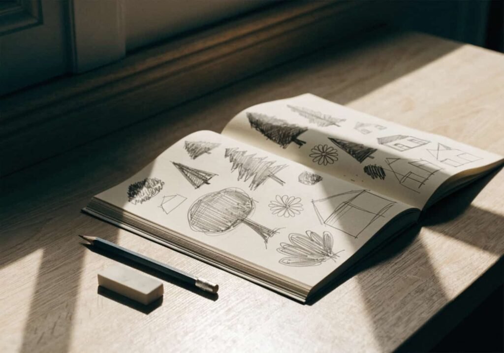 ketchbook page showing beginner practice drawings of trees, flowers, and houses