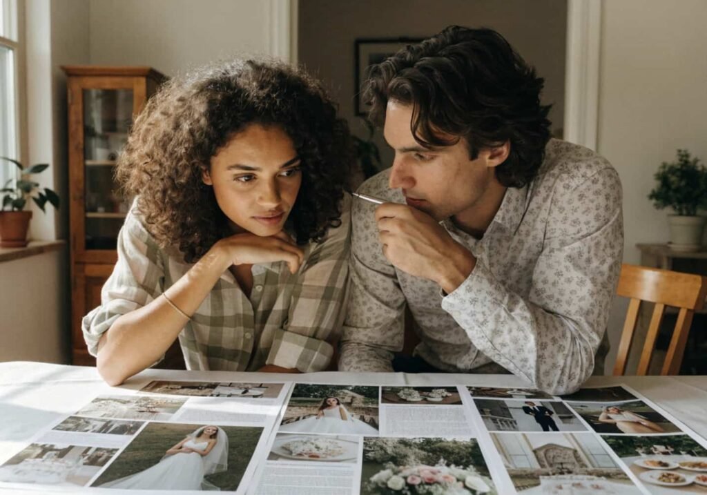 Couple narrowing down their top three wedding theme options