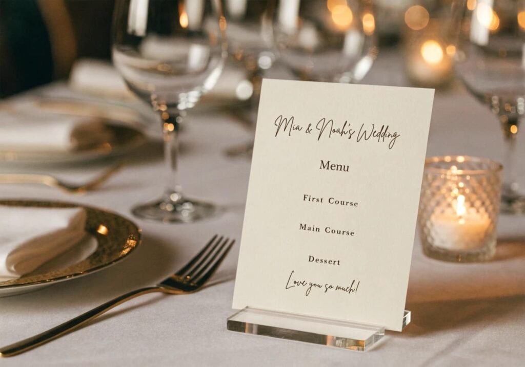 Personalized wedding menu card placed on a reception table