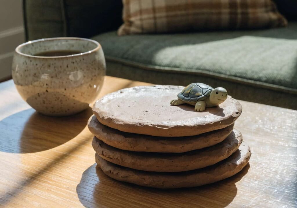 Handmade clay coaster with a small turtle figure on a coffee table