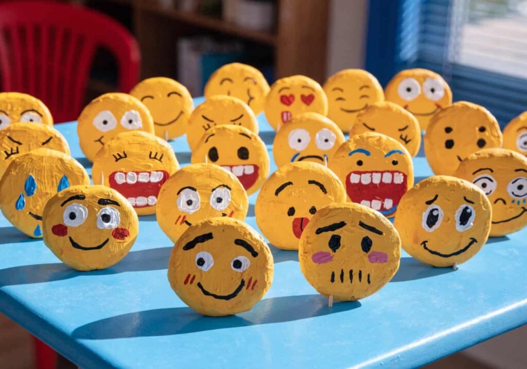 Small yellow clay emoji faces with painted smiling expressions
