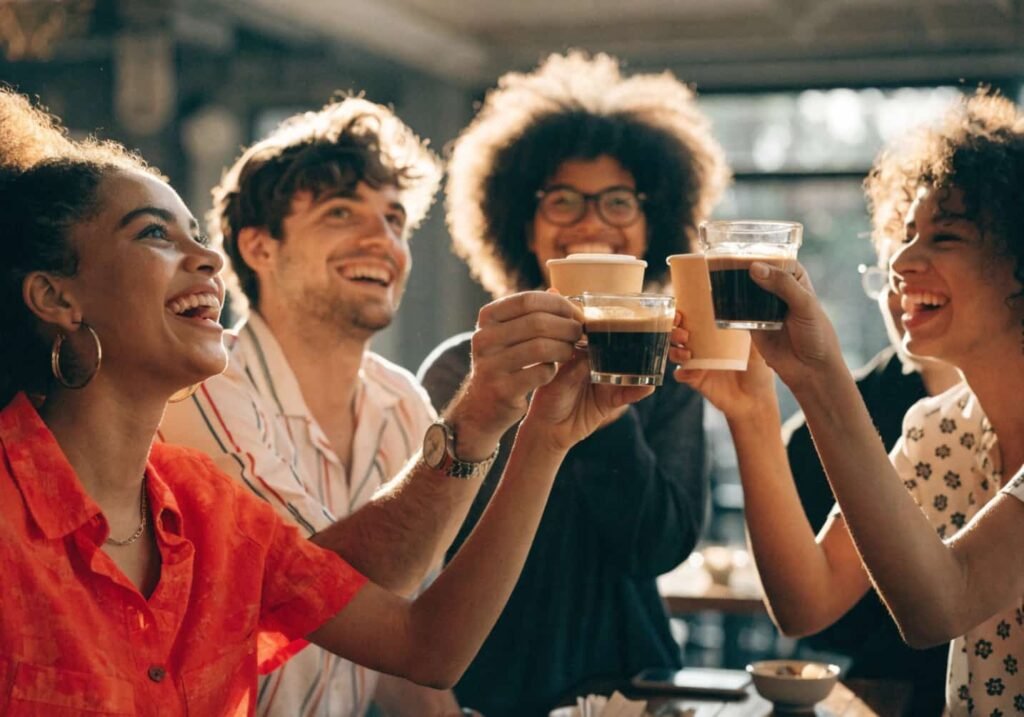 Group of friends raising coffee cups together at a cafe.