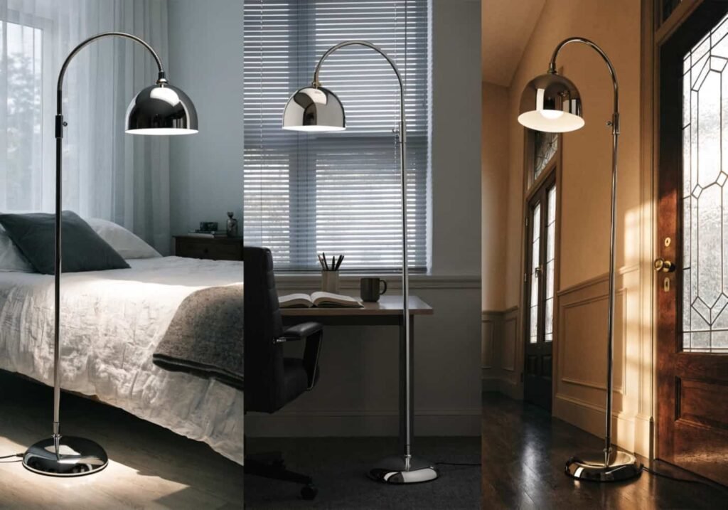 Chrome floor lamp used across bedroom, office, and hallway spaces